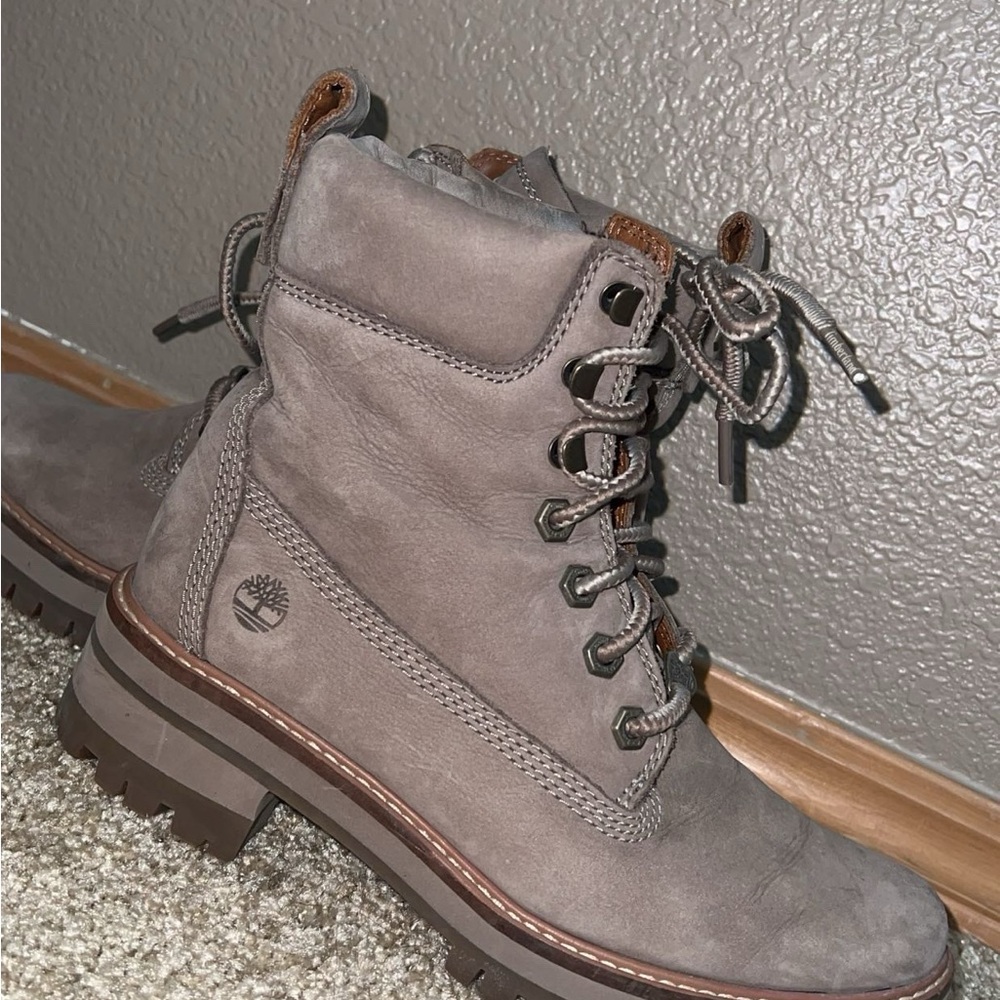 Timberland Gray Combat Moto Boots with Rugged Design